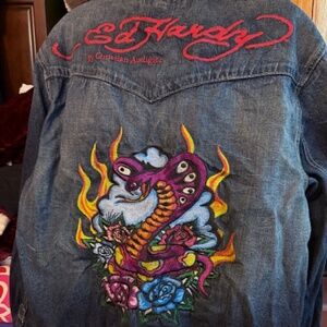 Ed Hardy Y2K Christian Audigier Men’s Large Embroidered Denim Jacket Snake Flame